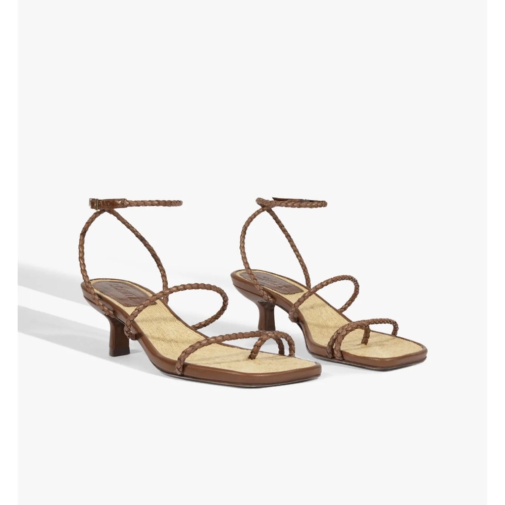 SCHUTZ Kaya Straw Elegant Brown Strappy Brown Leather Kitten Heels Sandals